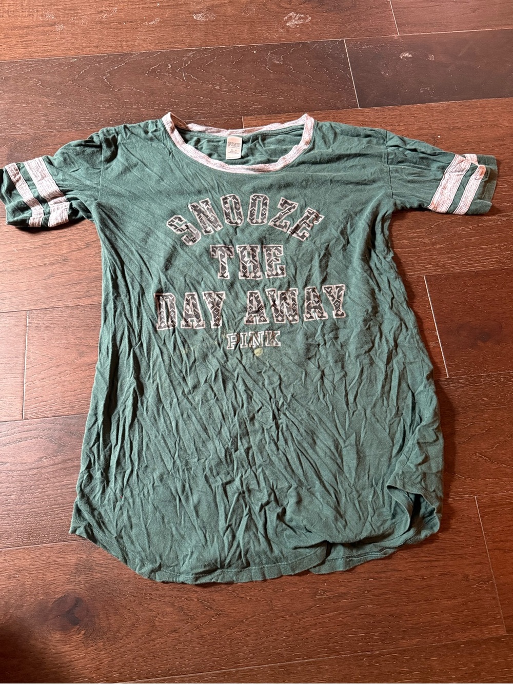 PINK Victoria's Secret Green 'Snooze The Day Away' Tee with Contrast Stripes